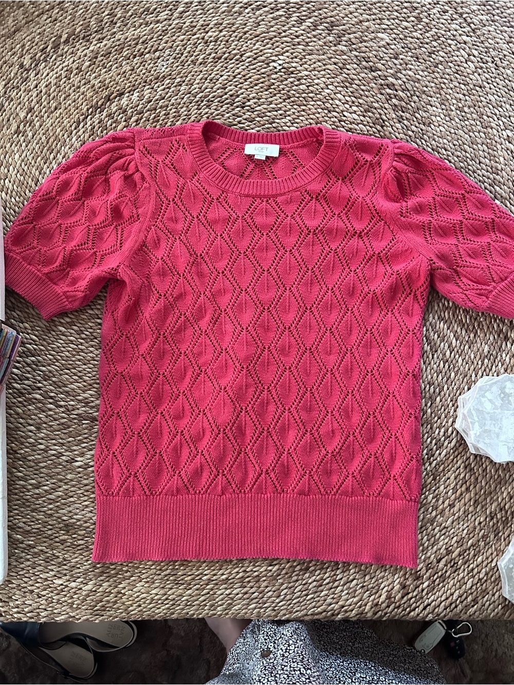 LOFT Coral-Pink Pointelle Short Sleeve Crew Sweater